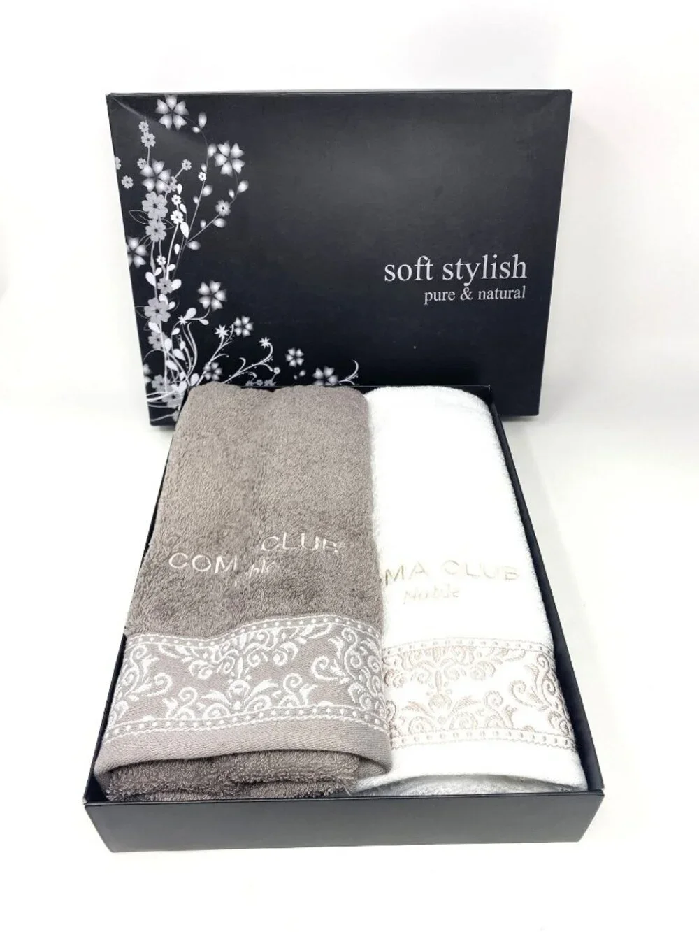 Korean Coma Club Decorative 2 Hand Towels White Grey Embroidered